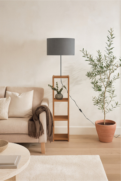 HOMİNG Dekoratif Raflı Koyu Gri Kumaş Lambader Ayd-3149