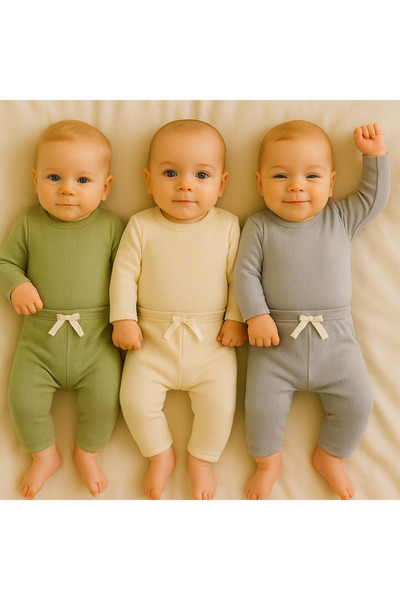 EFU BABY 3'lü %100 Pamuklu Unisex Esnek Uzun Kol Kaşkorse Bebek Body Pantolon Takım