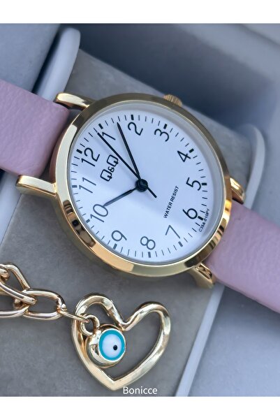 Q&Q Retro Pink Color,24 Months Warranty,Water Resistant, Leather Cord Women Wristwatch+Bracelet