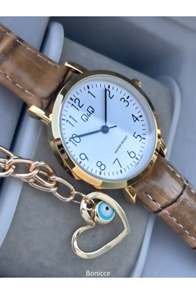 Q&Q Brand Retro Brown, 24 months Warranty, Waterproof, Leather Strap with Numbers Women's Wristwatch+Bracelet
