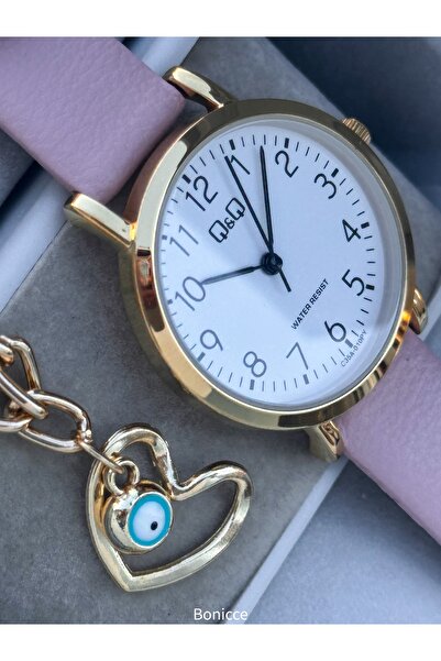 Q&Q Retro Pink Color,24 Months Warranty,Water Resistant, Leather Cord Women Wristwatch+Bracelet