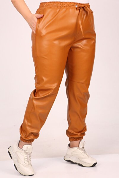 Eslina F-39051 Large Size Leather Trousers with Elasticated Legs-Tan