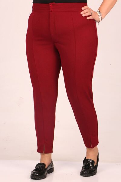 Eslina F-39045 Plus Size Scuba Front Slit Narrow Leg Trousers-Burgundy