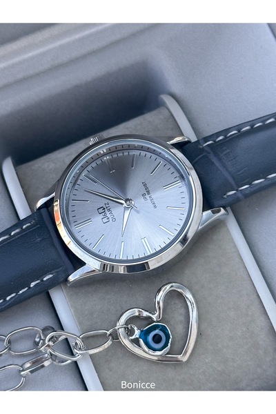 Q&Q العلامة التجارية الرجعية نموذج حزام من الجلد اللون الأسود، ساعة اليد النسائية البسيطة + سوار