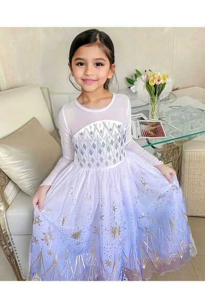 darko Mavi Beyaz Kendinden Pelerinli Uzun Elbise Kız Çocuk