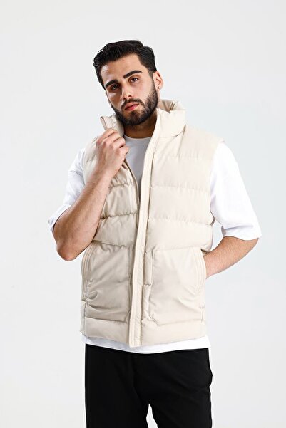 İLKCET MODA Men's Cream Oversize Sleeveless Vest with Pockets