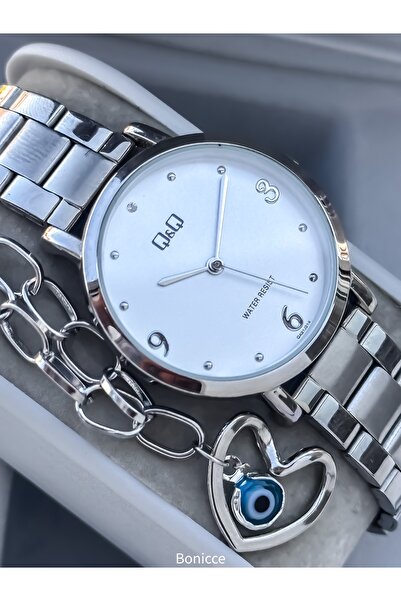 Q&Q ساعات يد للزوجين بسوار فولاذي مقاوم للماء باللون الأبيض + سوار معصم