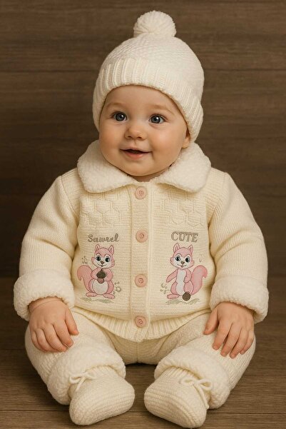 ROKİDS Dört parça ekru TRİKO bebek kışlık şapka unisex örgü takım kol ve yaka...