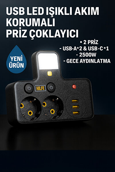 HILFE USB LED Işıklı Akım Korumalı Priz Çoklayıcı – 2 Priz + 2xUSB-A 1xUSB-C ...