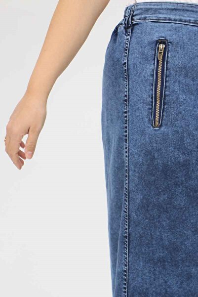 Eslina F-45011-1 Plus Size Zippered Denim Skirt - Blue