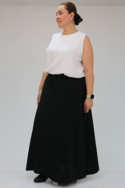 Eslina F-45005 Plus Size Combed Cotton Basic Skirt - Black