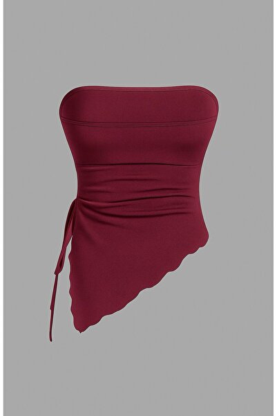 Marin Star Καλοκαιρινή μπλούζα μπορντό ασύμμετρη λύκρα με πλαϊνό κορδόνι, μπορντό στράπλες, ελαστικό καλοκαιρινό μπλουζάκι χωρίς στράπλες
