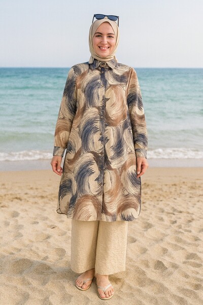 Mercan RUKİYE TAKIM Desenli Uzun Tesettür Tunik Pantolon Takım Keten Kumaş Vizon