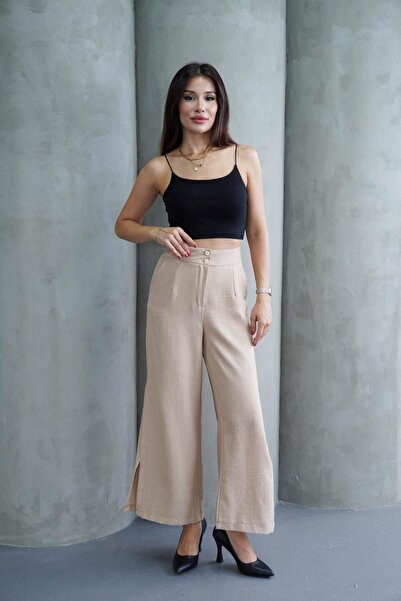 Hazel Γυναικείο πέτρινο λινό παντελόνι Palazzo με ψηλόμεσο σκίσιμο