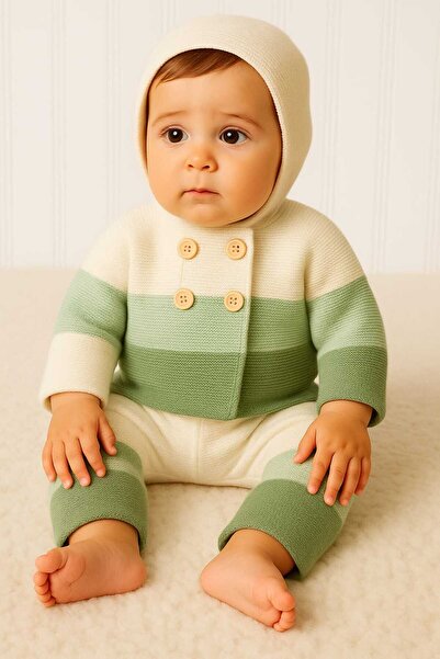 ROKİDS Double Layer Hooded Bebeke Kru Tri̇ko Winter Hat Unisex Knit Suit 9 Months 12 Months