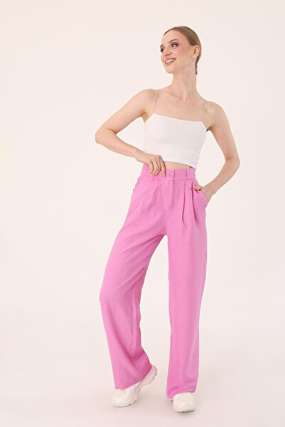 Hazel Women's Pink High Waist Linen Palazzo Pants