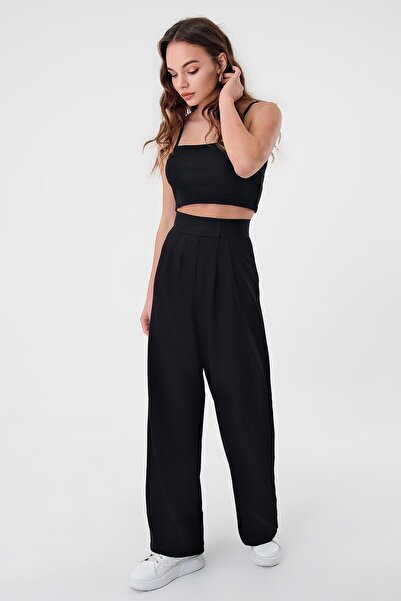 Hazel Kadın Siyah Yüksek Bel Cırtlı Palazzo Pantolon