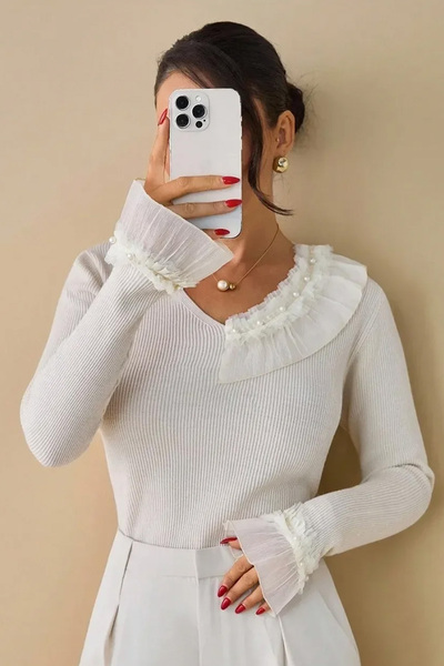DAMGA Collection Stylish Detailed Knitwear Blouse - Long Sleeves, Decorative Tulle and Ruffle Detail