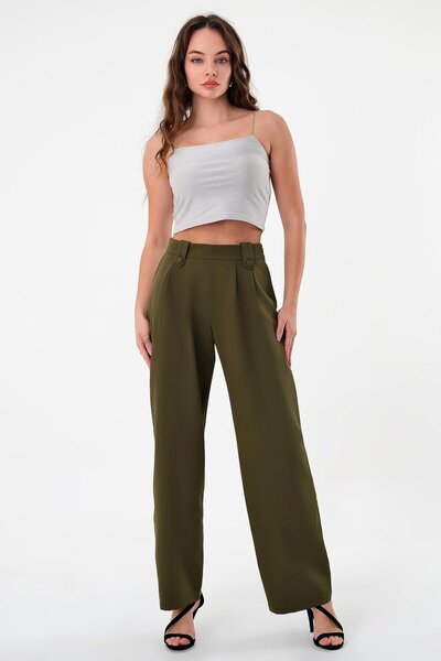 Hazel بنطال بالازو عالي الخصر بأزرار كاكي للسيدات