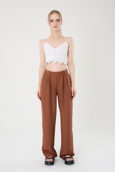 Hazel Pantaloni Palazzo cu talie înaltă cu nasturi, maro, de in