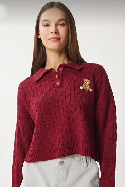 DAMGA Collection Γυναικείο πλεκτό πουλόβερ με λαιμό πόλο με σχέδιο αρκουδάκι