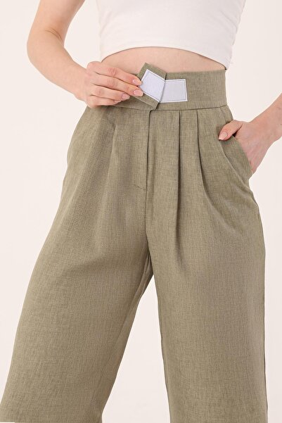 Hazel Women's Khaki Velcro Linen Palazzo Trousers