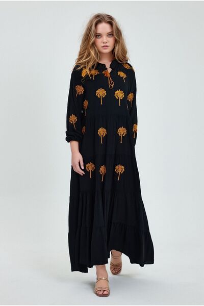 bacc V-Neck Embroidered Black Long Women's Dress - Tied Woven Bcvl-24925