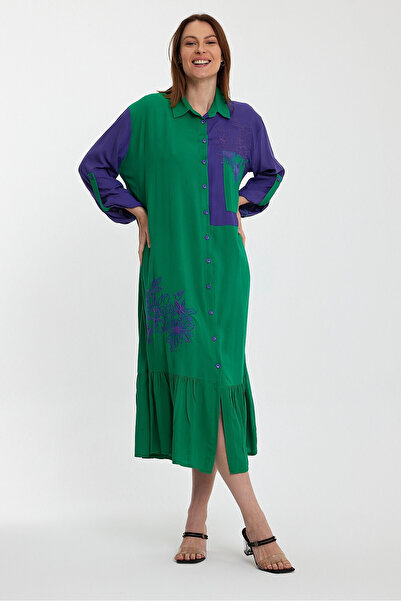 bacc Women's Green Color Blocked Embroidery Embroidered Long Length Woven Shirt Dress Bcvl- 241000