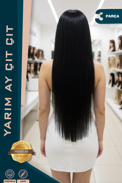 KONAK PERUK ألياف صناعية سوداء - نصف قمر مسطح و2 مشبك جانبي