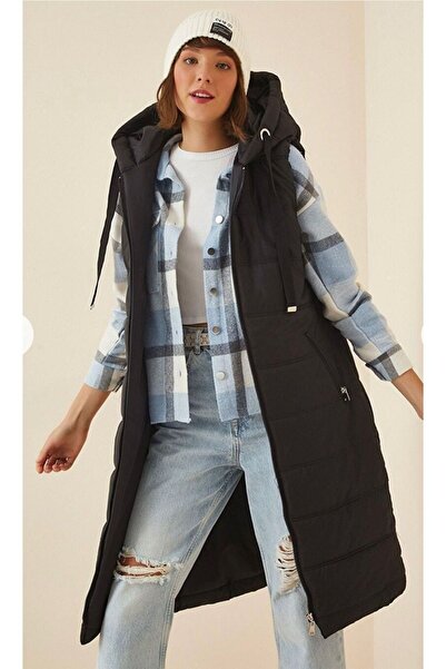 EMİRA LİFE Жіночий довгий надувний жилет з капюшоном - чорний