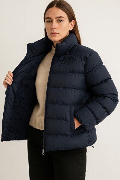 VODENS معطف نسائي ذو ياقة واقفة مقاوم للماء باللون الأزرق الداكن