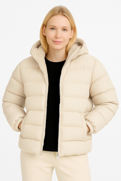 VODENS Μπεζ γούνινο παλτό με χοντρή αδιάβροχη κουκούλα