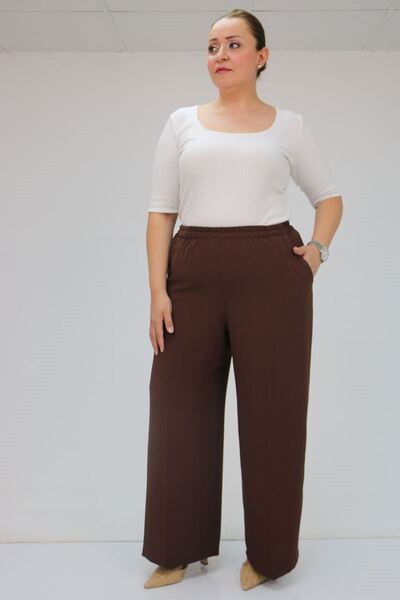 Eslina 59014 Plus Size Elastic Waist Wide Leg Pants - Brown