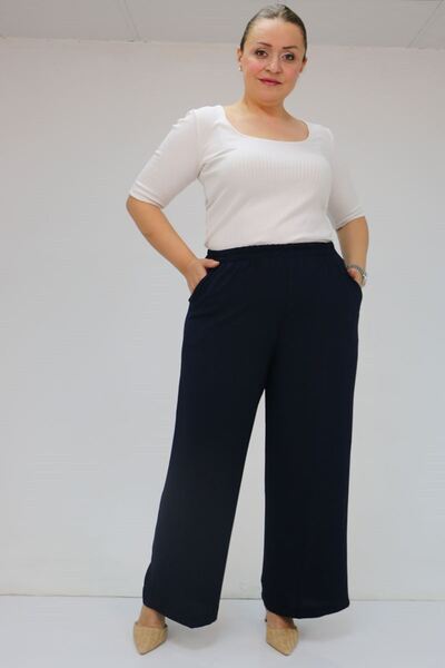 Eslina 59014 Plus Size Elastic Waist Wide Leg Pants - Navy Blue