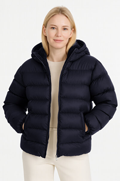 VODENS Темно-синє товсте водонепроникне надувне пальто з капюшоном і куркою всередині