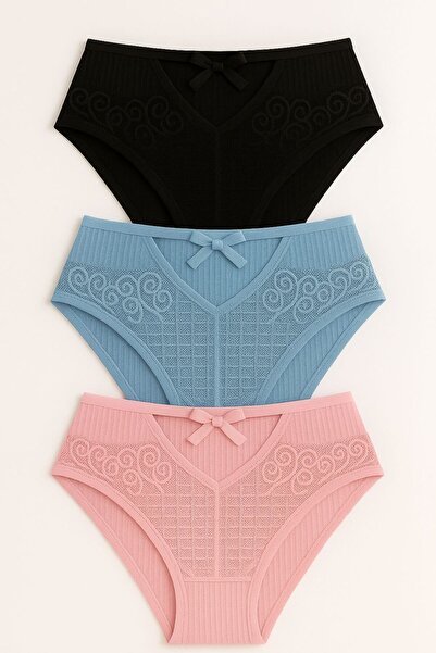 MAVİ QUMSAL Ön V Dantelli Arka Delikli Ribana Bikini 3'lü Set