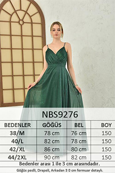Neşeli Butik kadın zümrüt yeşil simli kumaş askılı uzun abiye NBS9276