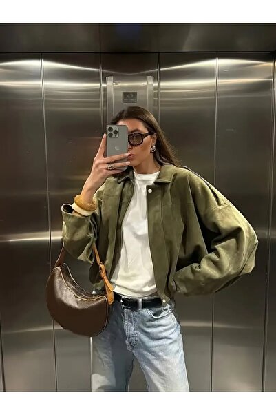 Rhythm London Textile جاكيت بومبر كبير الحجم من جلد الغزال الفاخر