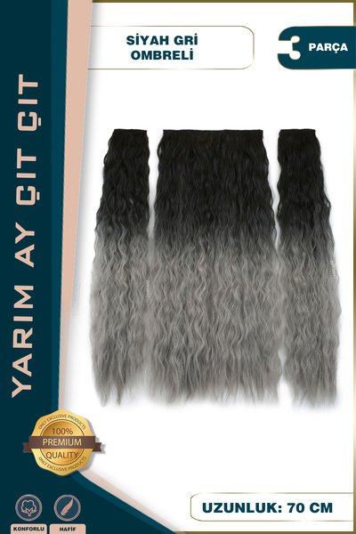 KONAK PERUK Fiber Sentetik Kabarık Dalgalı Yarım Ay + 2 Yan Çıt Çıt - Siyah Gri Ombreli