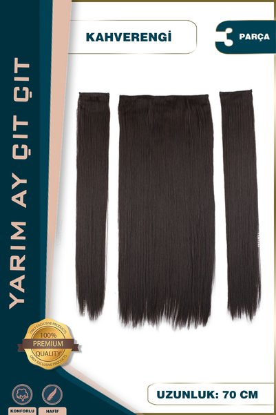 KONAK PERUK Fiber Sentetik Düz Yarım Ay + 2 Yan Çıt Çıt - Kahverengi