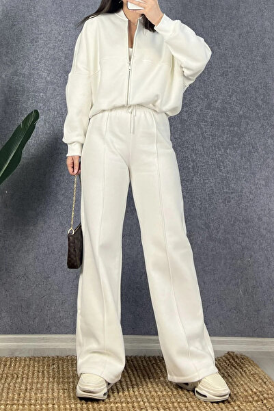 Neşeli Butik γυναικεία αθλητική φόρμα με φερμουάρ 3 κλωστών NB0018 - Εκρού