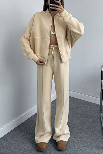 Neşeli Butik Γυναικείο χτενισμένο βαμβακερό ύφασμα με 3 κλωστές GTS022 - Μπεζ