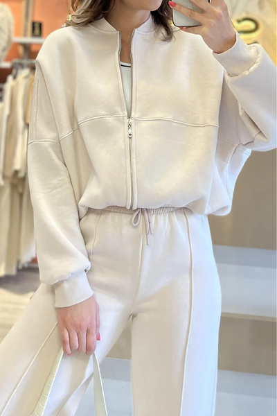 Neşeli Butik γυναικεία αθλητική φόρμα με φερμουάρ 3 κλωστών NB0018 - Εκρού