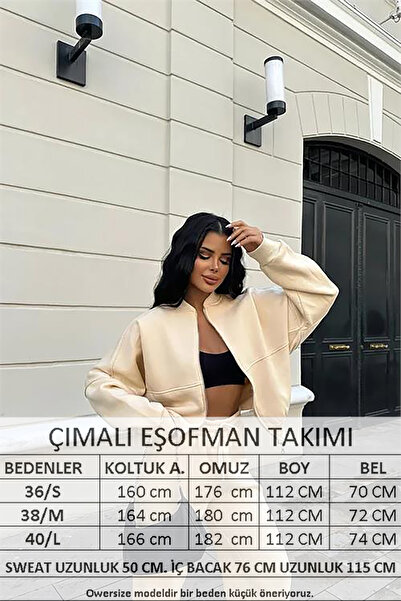 Neşeli Butik Μπεζ γυναικείο χειμερινό σετ αθλητικών φόρμας NB0022 - Σετ κάτω και επάνω