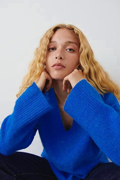 Madmext Pulover de damă cu decolteu în V, tricotaj albastru supradimensionat - MG2149