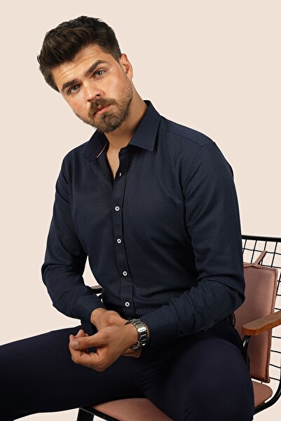 Etikmen Lacivert Baklava Desen Slimfit Erkek Gömlek