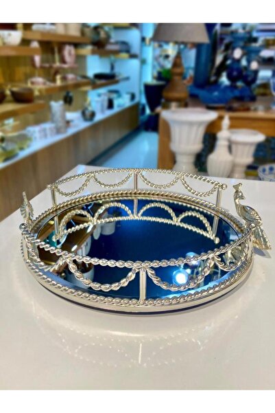 ÇIRPAN EV GÜMÜŞ AYNALI TAVUŞ KUŞU YUVARLAK TEPSİ 40CM