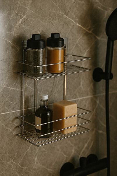 Sas Haus رف حمام لاصق من الكروم مكون من طابقين، دش، منظم لحامل الشامبو، معدن مقاوم للصدأ (مسمار/لصق)