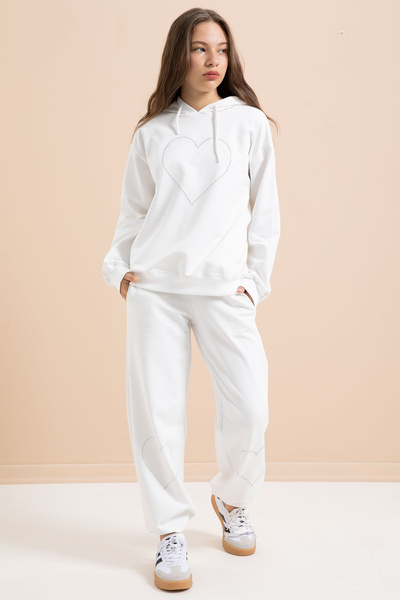 Cansın Mini White Heart Patterned Hooded Girl's Tracksuit Set 21257