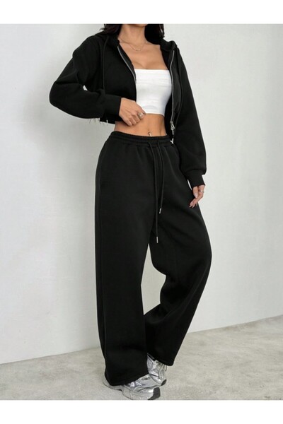 S&A DESIGN Dámské černé zimní tepláky z dvouvláknové bavlněné tkaniny s tlustým fleecem uvnitř